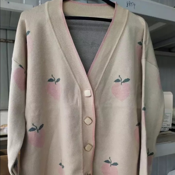 Cardigan sweater peach print khaki vneck button down womens cute - Picture 2 of 3